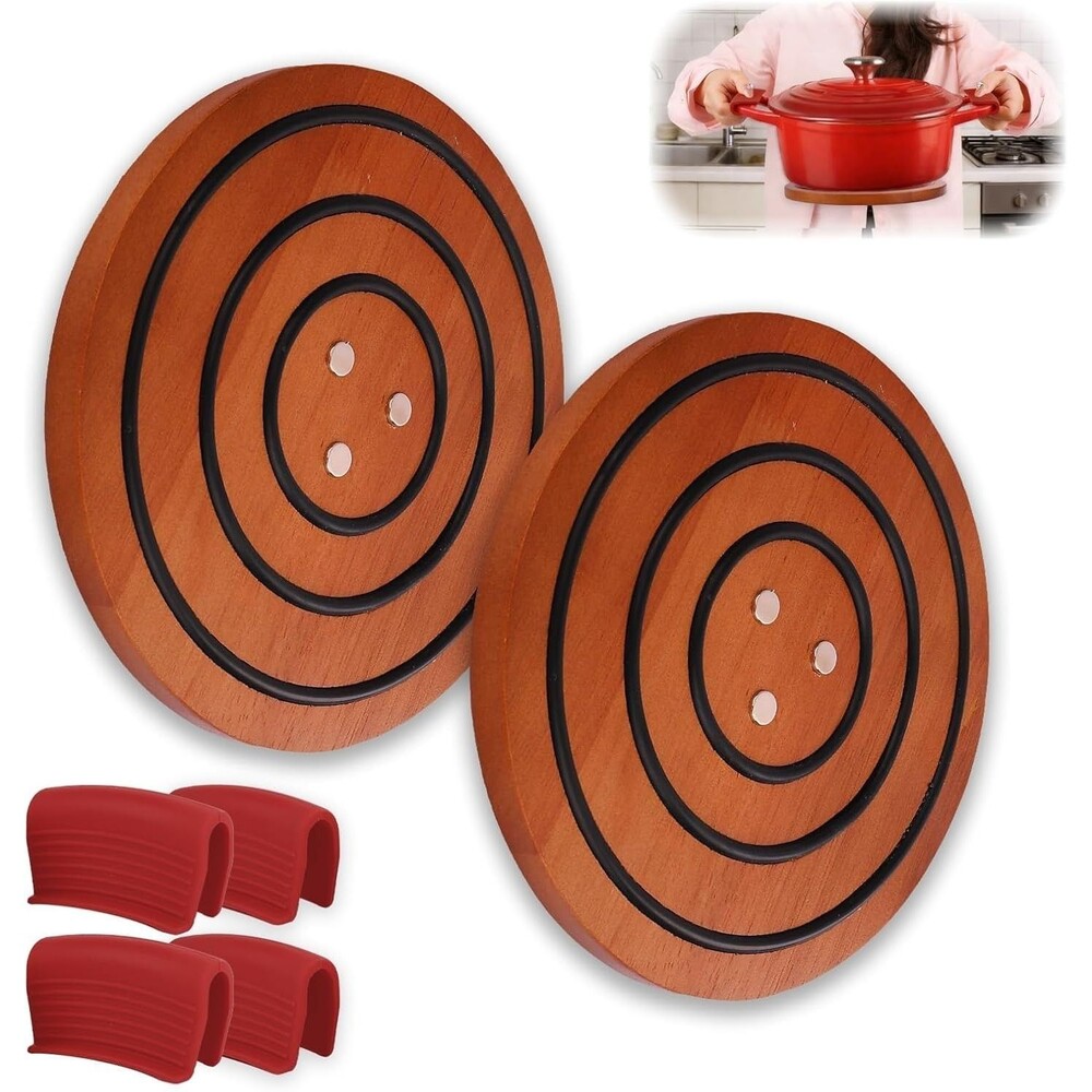 2 Piece Magnetic Wood Trivets for Iron Pans, Heat Resistant w/Handle Covers